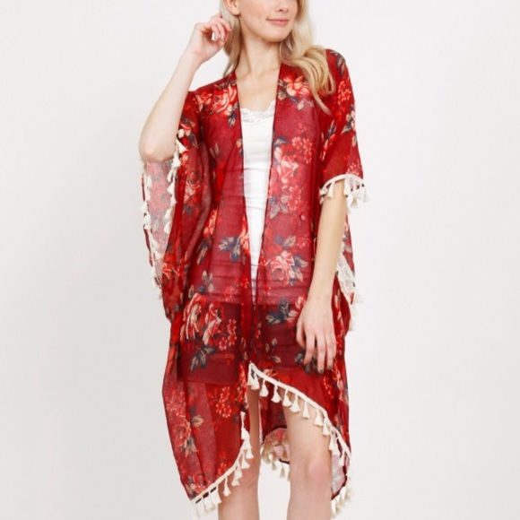 Tops - NEW Red Roses Tassel Fringe Kimono Cover Up
